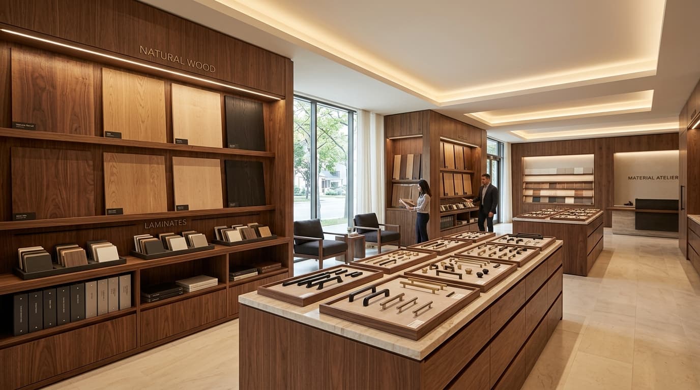 Sri Krishna Plywoods & Hardwares interior showroom displaying wood panels and hardware